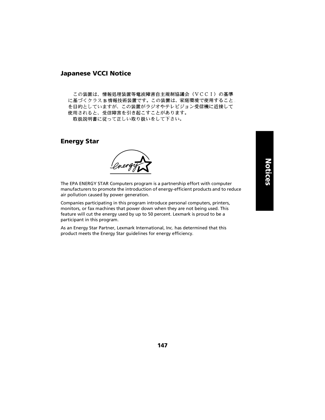 Lexmark 2480 manual Japanese Vcci Notice Energy Star, 147 