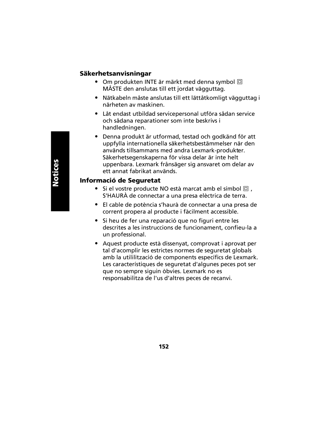 Lexmark 2480 manual Säkerhetsanvisningar, 152 