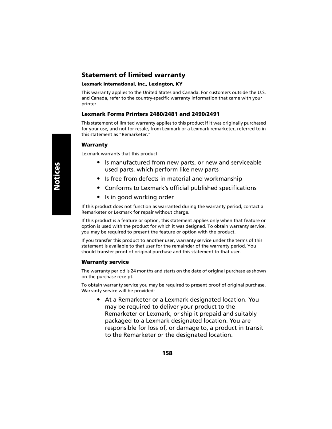 Lexmark manual 158, Lexmark Forms Printers 2480/2481 and 2490/2491, Warranty service 