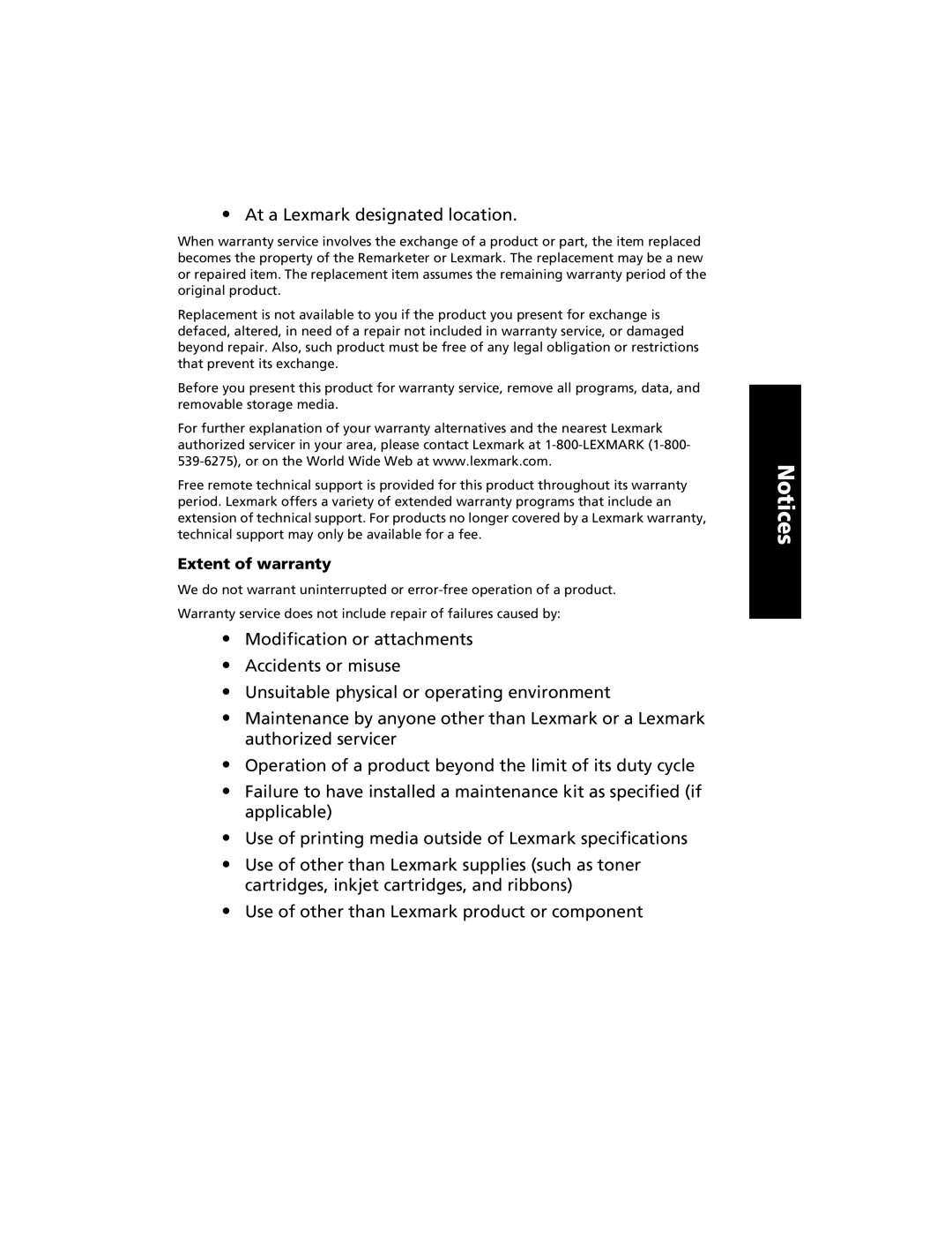 Lexmark 2480 manual 159, Extent of warranty 