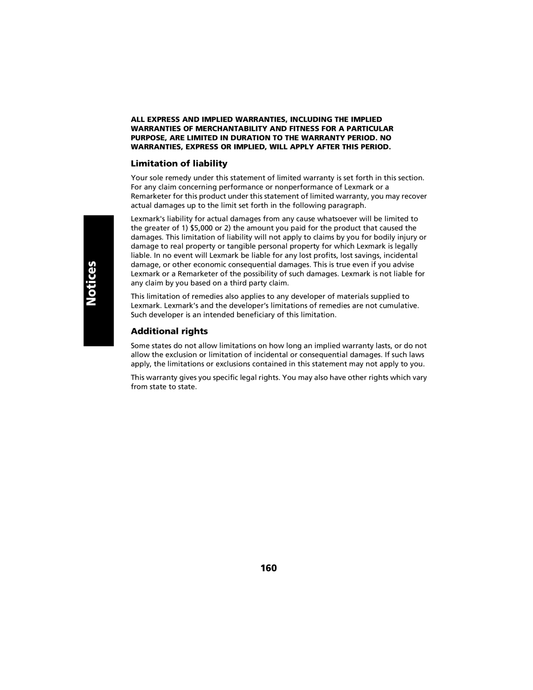 Lexmark 2480 manual 160, Limitation of liability, Additional rights 