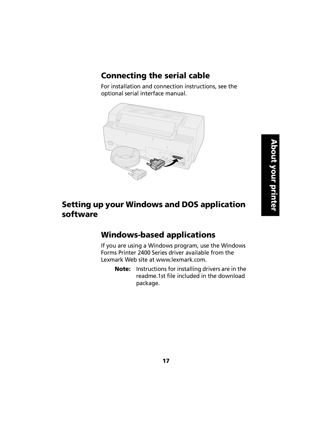 Lexmark 2480 manual Connecting the serial cable 