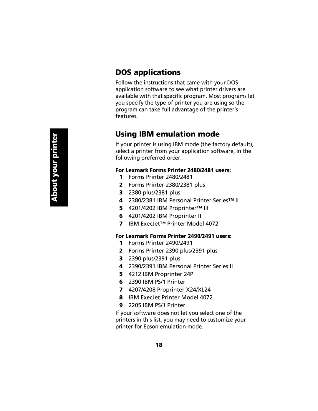 Lexmark manual DOS applications, Using IBM emulation mode, For Lexmark Forms Printer 2480/2481 users 