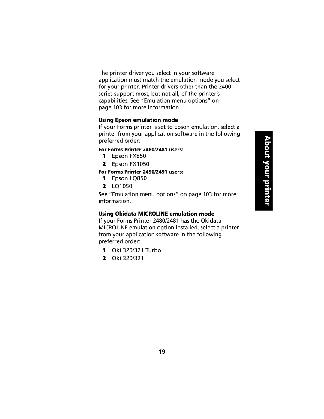 Lexmark manual Using Epson emulation mode, Using Okidata Microline emulation mode, For Forms Printer 2480/2481 users 