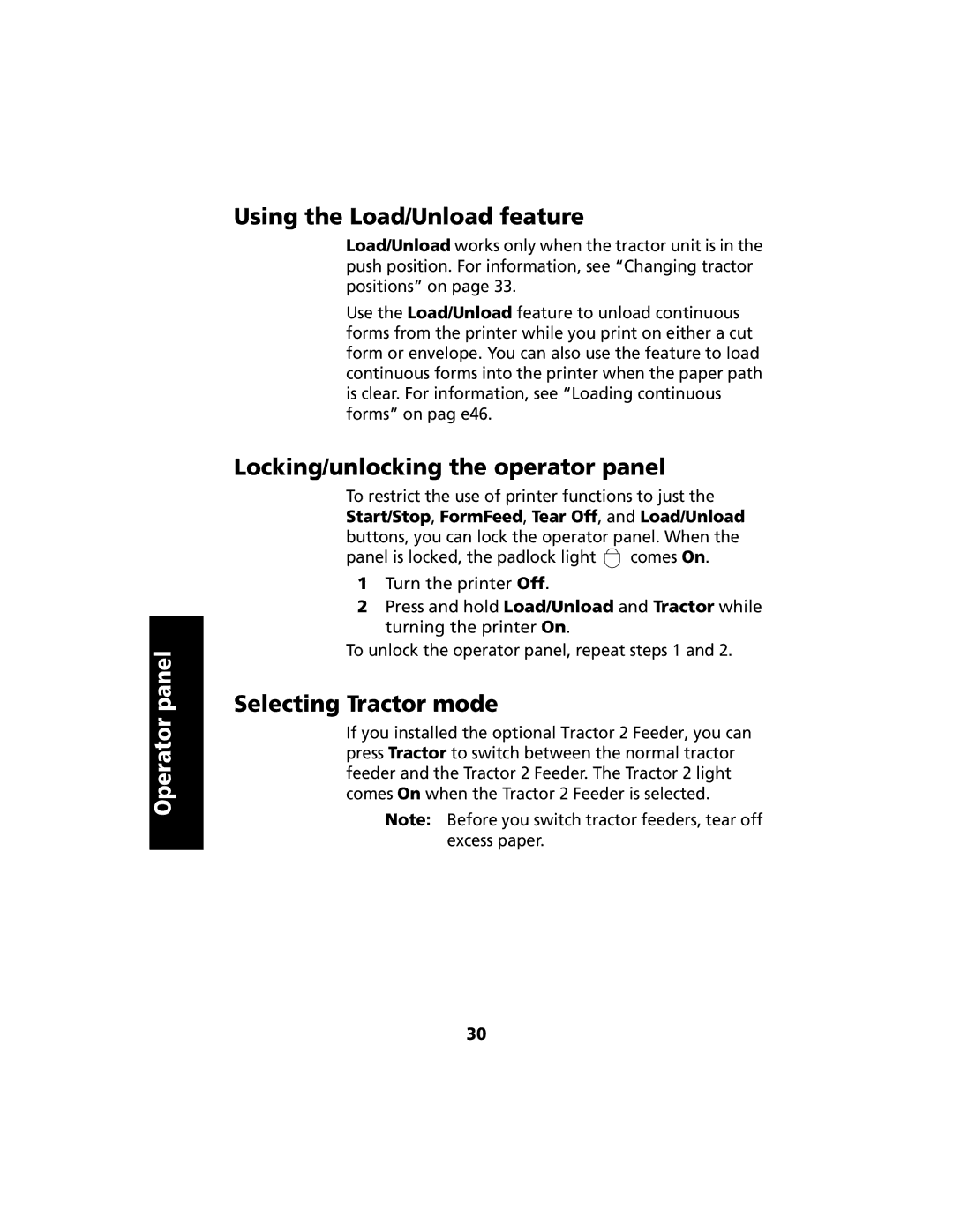 Lexmark 2480 manual Using the Load/Unload feature, Locking/unlocking the operator panel, Selecting Tractor mode 