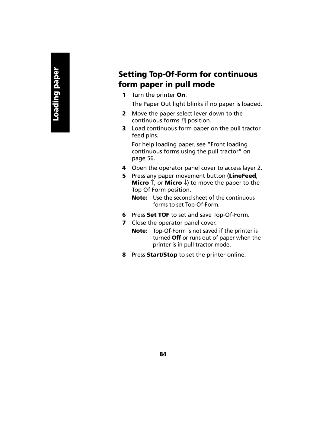 Lexmark 2480 manual Setting Top-Of-Form for continuous form paper in pull mode 