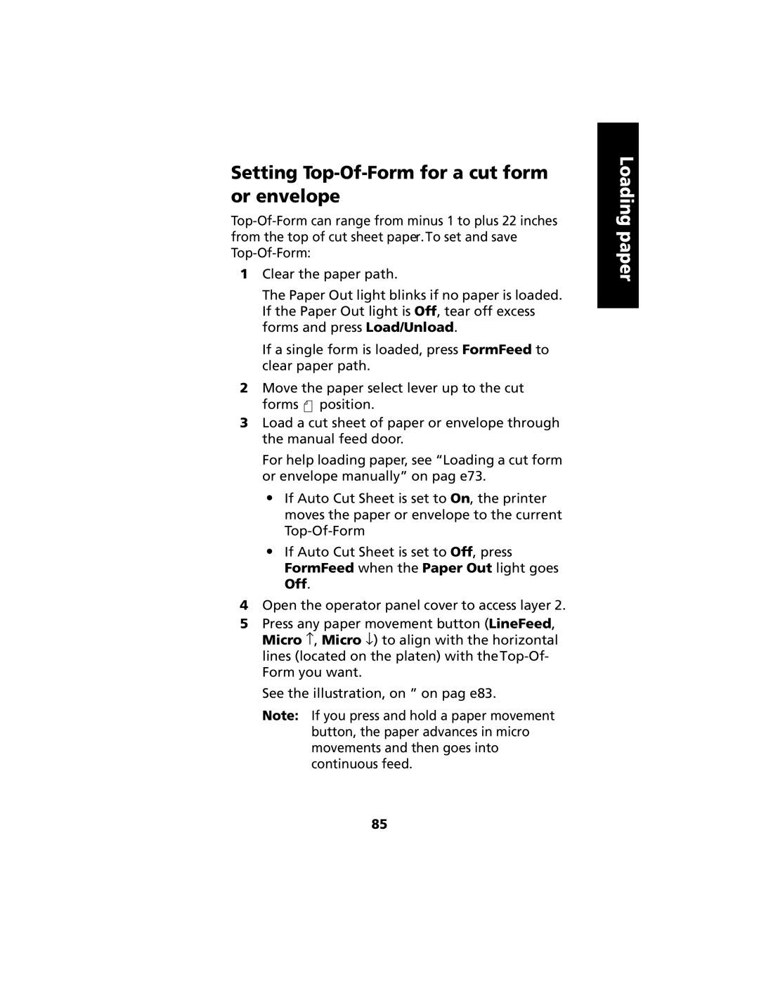 Lexmark 2480 manual Setting Top-Of-Form for a cut form or envelope 