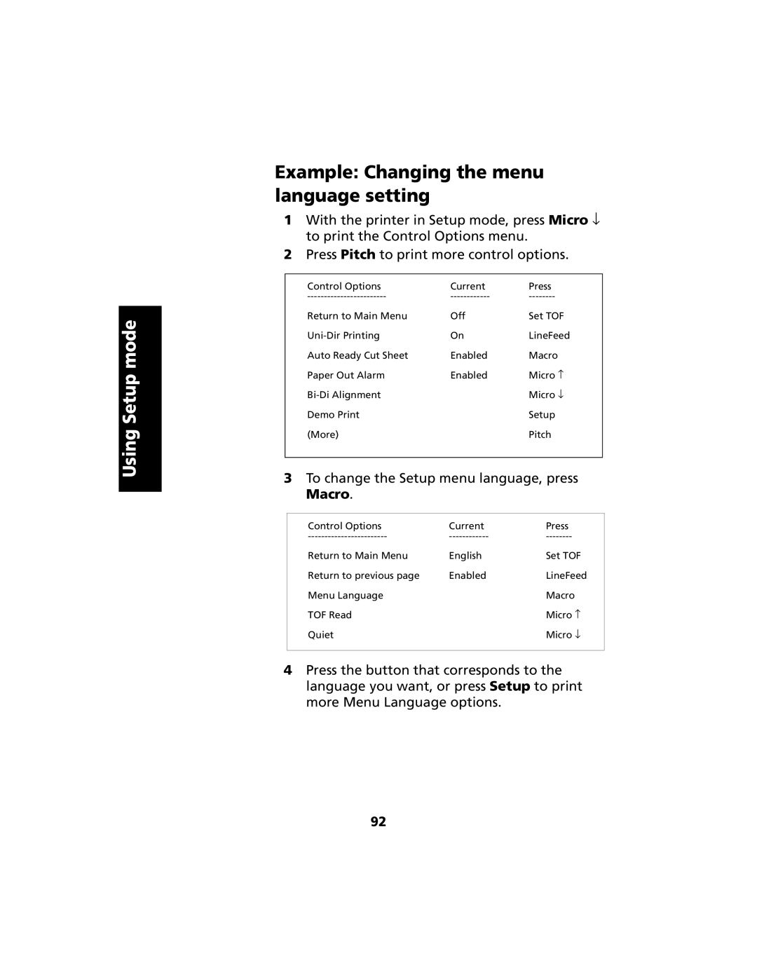 Lexmark 2480 manual Example Changing the menu language setting, To change the Setup menu language, press Macro 