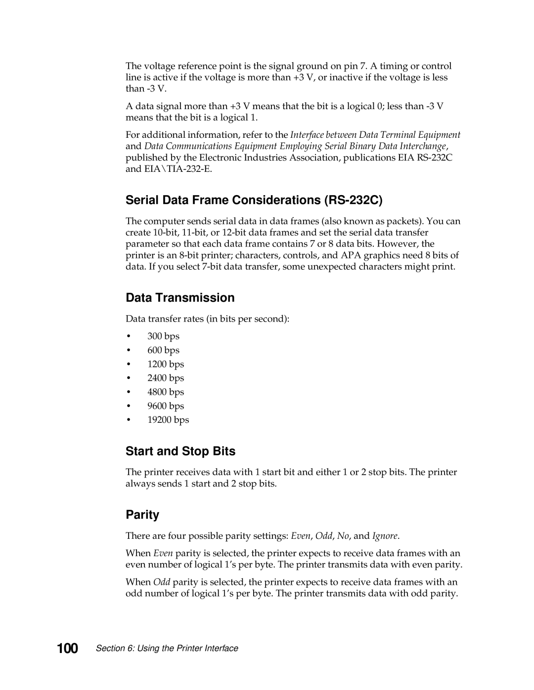 Lexmark 249X, 248X manual 100, Serial Data Frame Considerations RS-232C, Data Transmission, Start and Stop Bits, Parity 