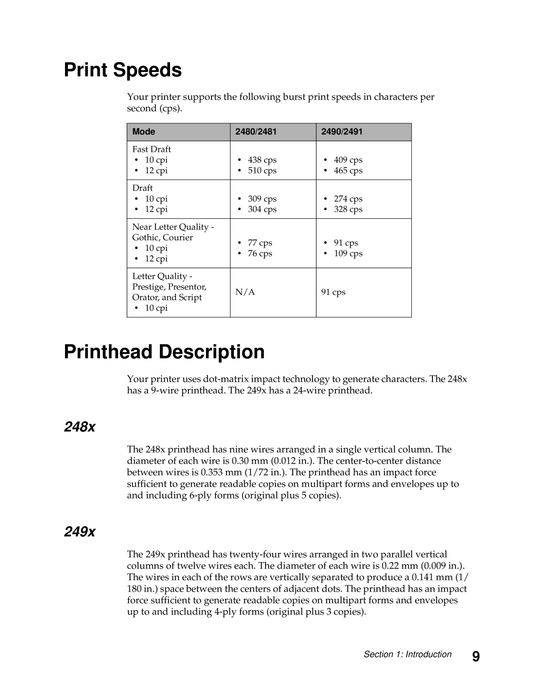 Lexmark 248X, 249X manual Print Speeds, Printhead Description, 248x, 249x, Mode 2480/2481 2490/2491 