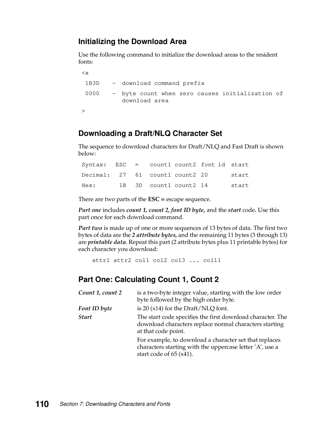 Lexmark 249X, 248X manual 110, Initializing the Download Area, Downloading a Draft/NLQ Character Set 