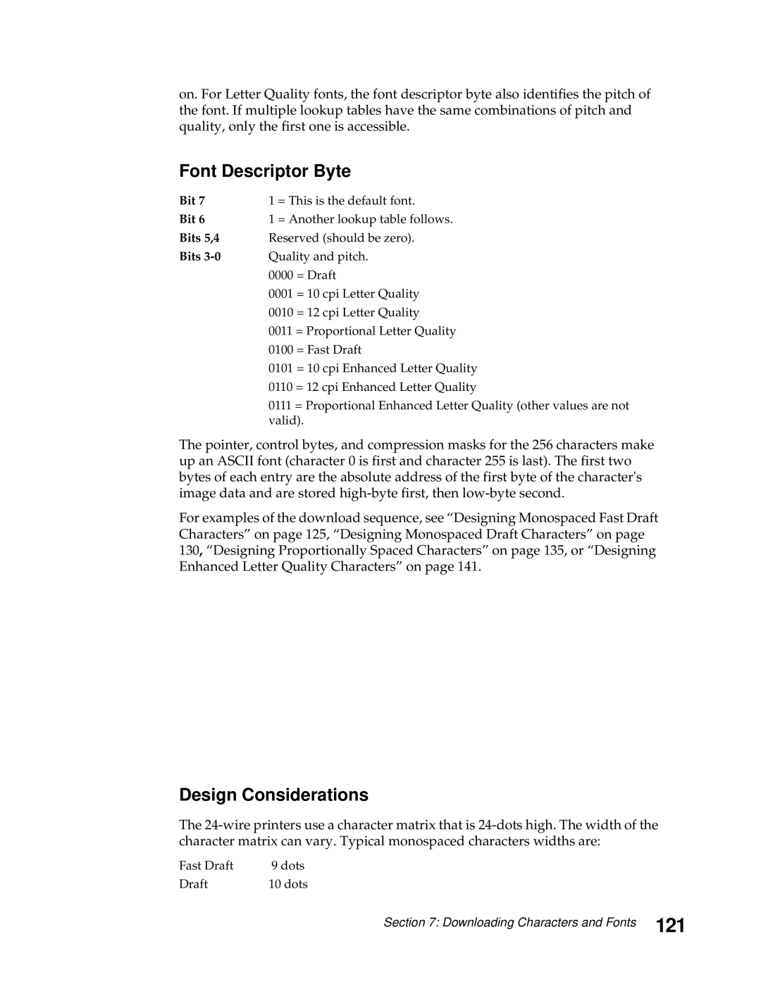 Lexmark 248X, 249X manual 121, Font Descriptor Byte, Design Considerations 