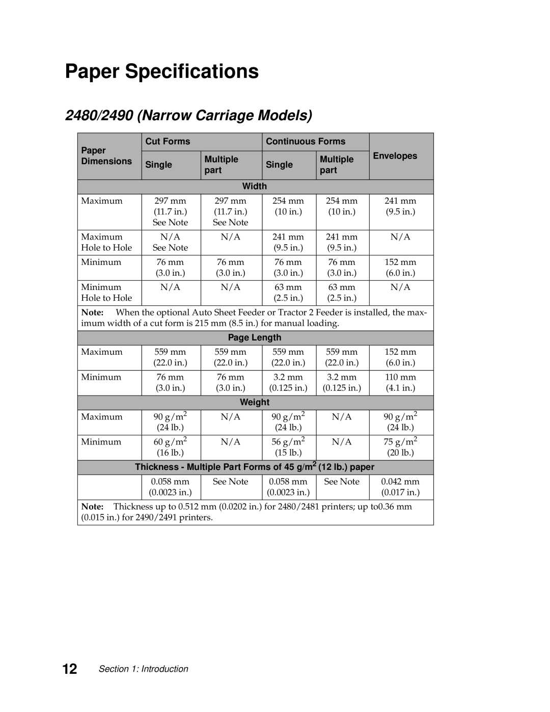 Lexmark 249X, 248X manual Paper Specifications, 2480/2490 Narrow Carriage Models, Length 