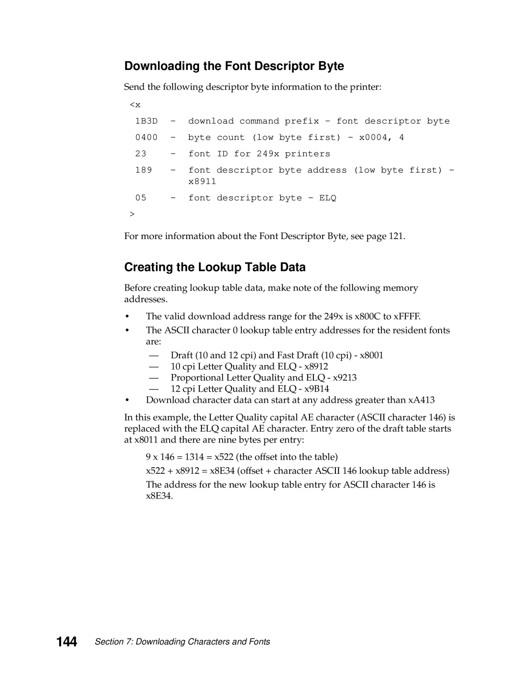 Lexmark 249X, 248X manual 144, Downloading the Font Descriptor Byte 