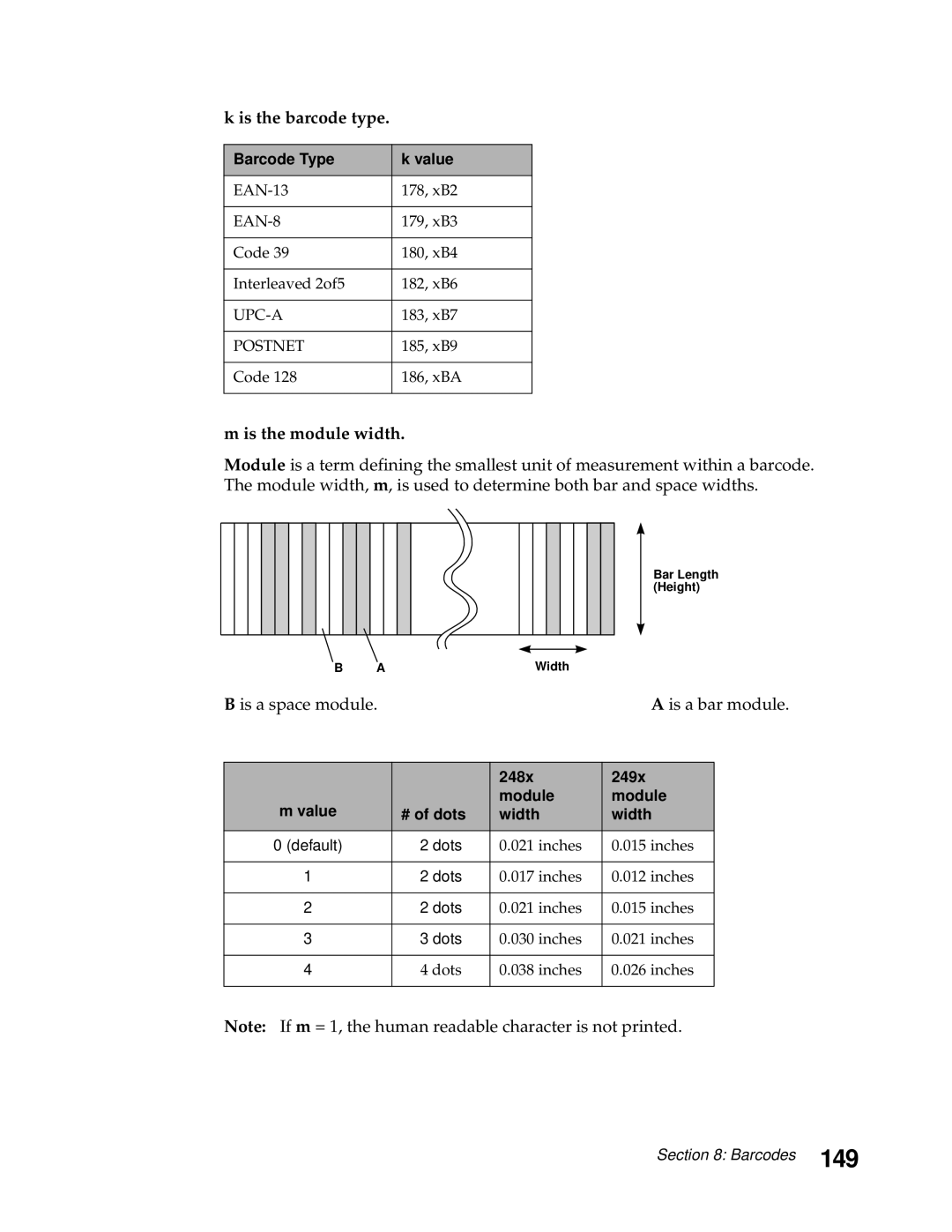 Lexmark 248X, 249X manual 149, Is a space module Is a bar module, Barcode Type Value, 248x 249x, Module # of dots Width 