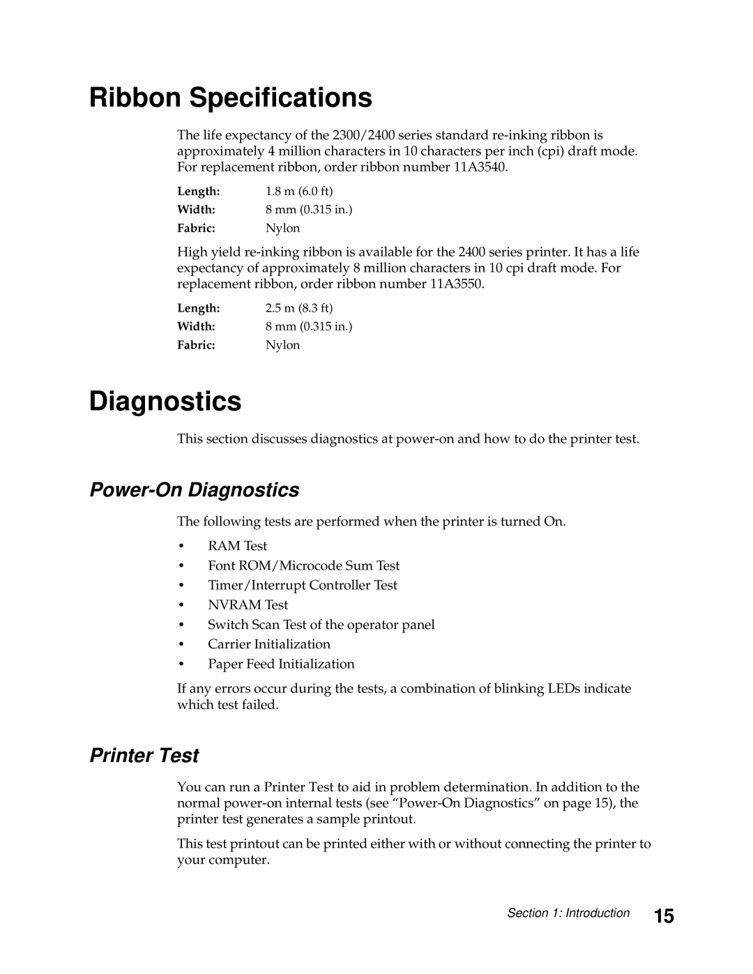 Lexmark 248X, 249X manual Ribbon Specifications, Power-On Diagnostics, Printer Test 