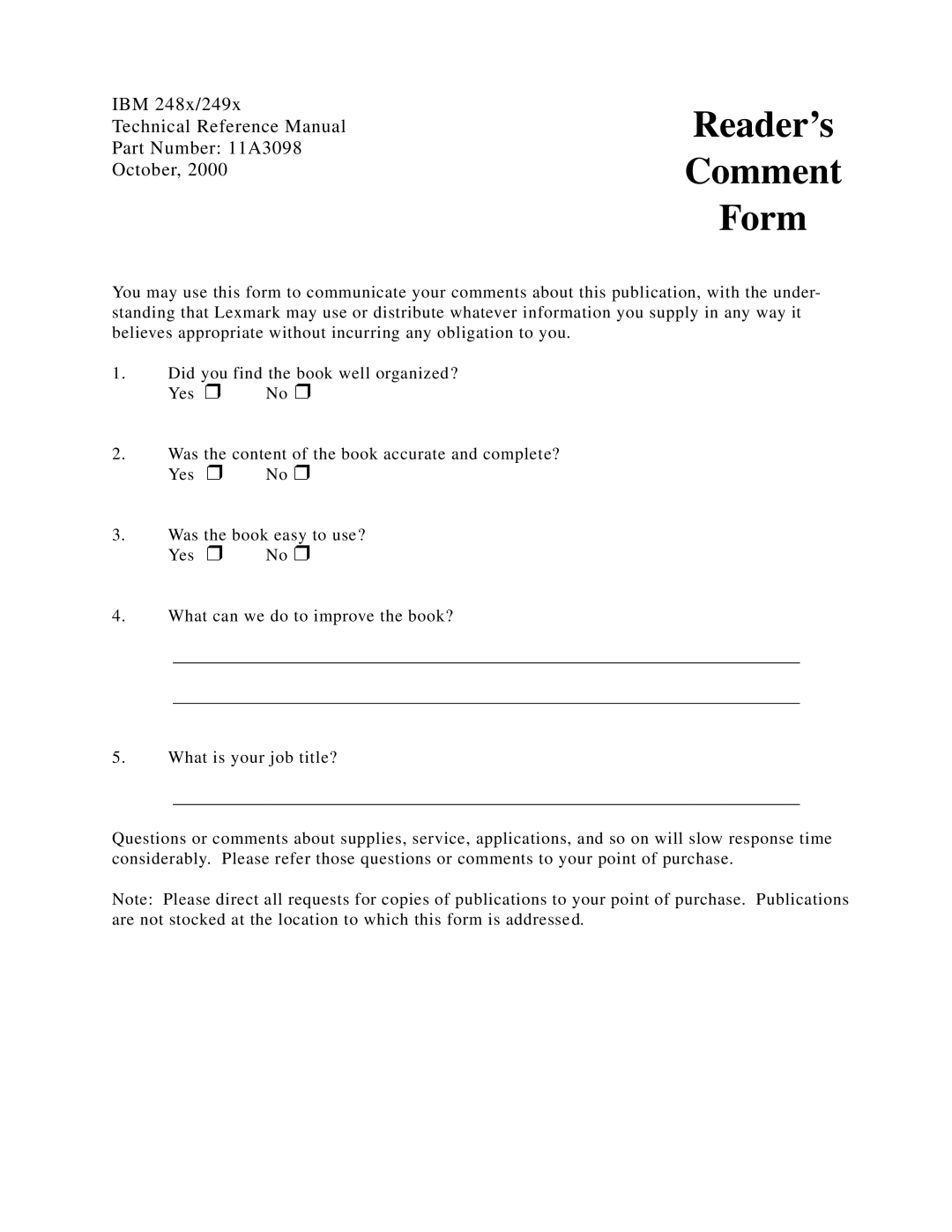 Lexmark 248X, 249X manual Reader’s Comment Form 