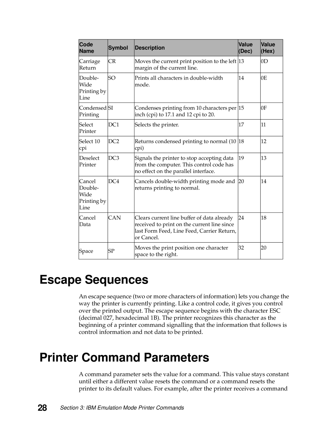 Lexmark 249X, 248X manual Escape Sequences, Printer Command Parameters 