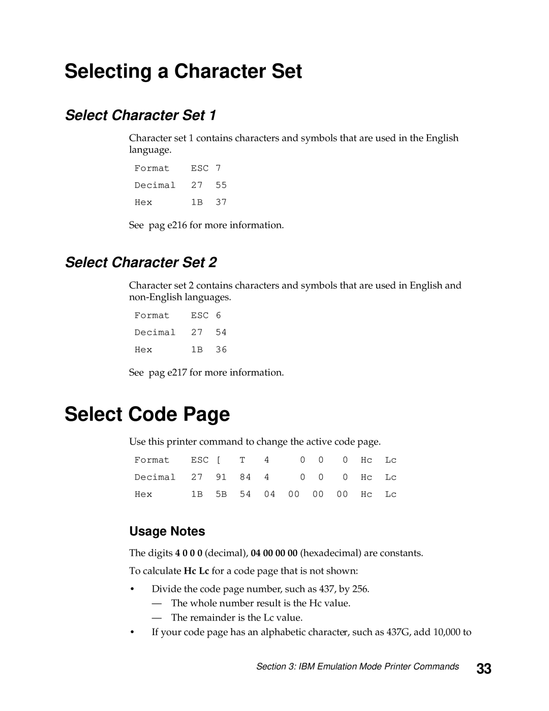 Lexmark 248X, 249X manual Selecting a Character Set, Select Code, Select Character Set, Usage Notes 