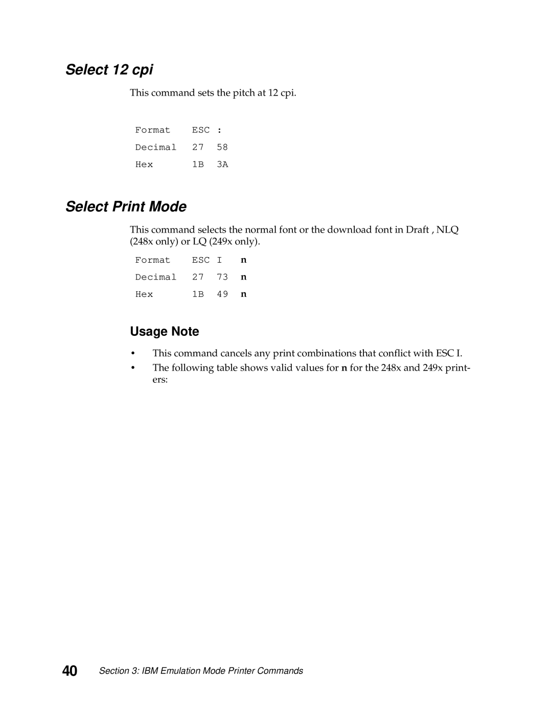 Lexmark 249X, 248X manual Select 12 cpi, Select Print Mode, This command sets the pitch at 12 cpi 