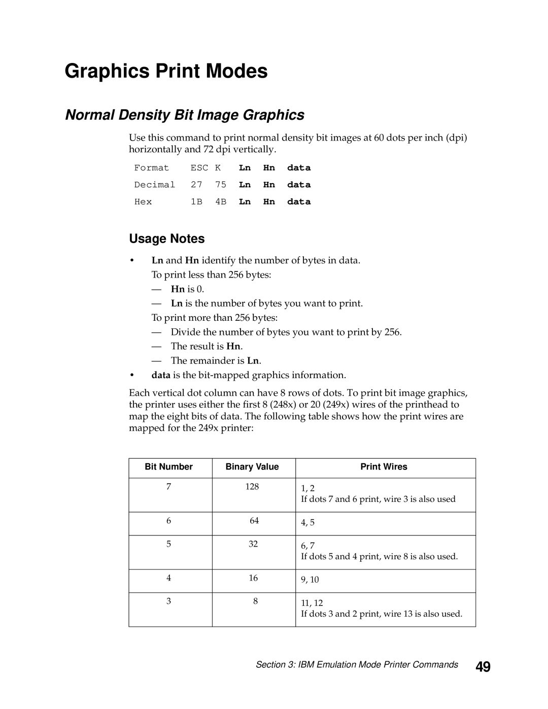 Lexmark 248X, 249X manual Graphics Print Modes, Normal Density Bit Image Graphics, Bit Number Binary Value Print Wires 