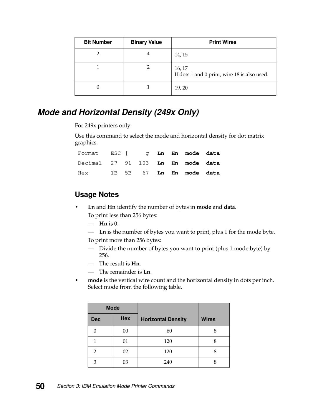 Lexmark 249X, 248X manual Mode and Horizontal Density 249x Only, Mode Dec, Horizontal Density Wires 