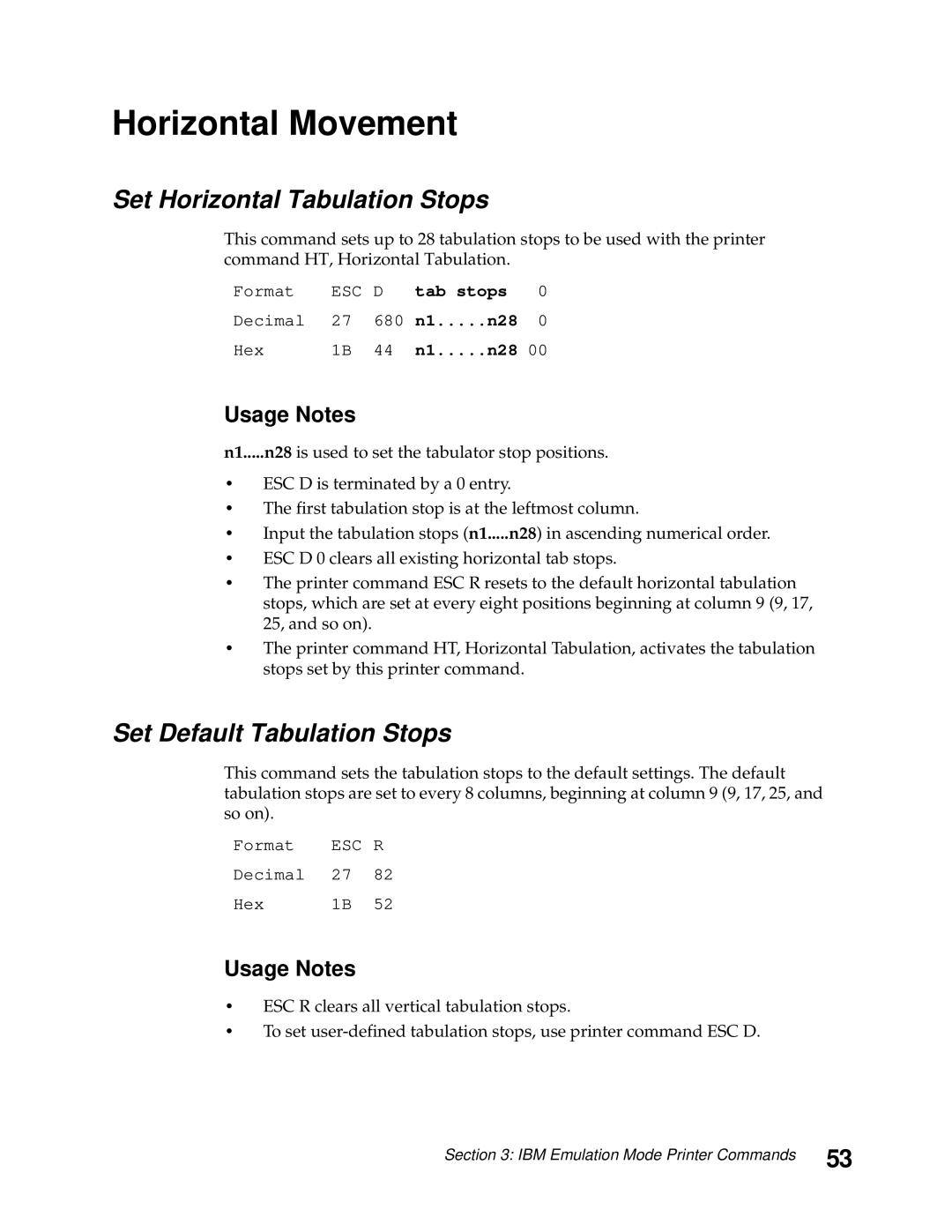 Lexmark 248X, 249X manual Horizontal Movement, Set Horizontal Tabulation Stops, Set Default Tabulation Stops 