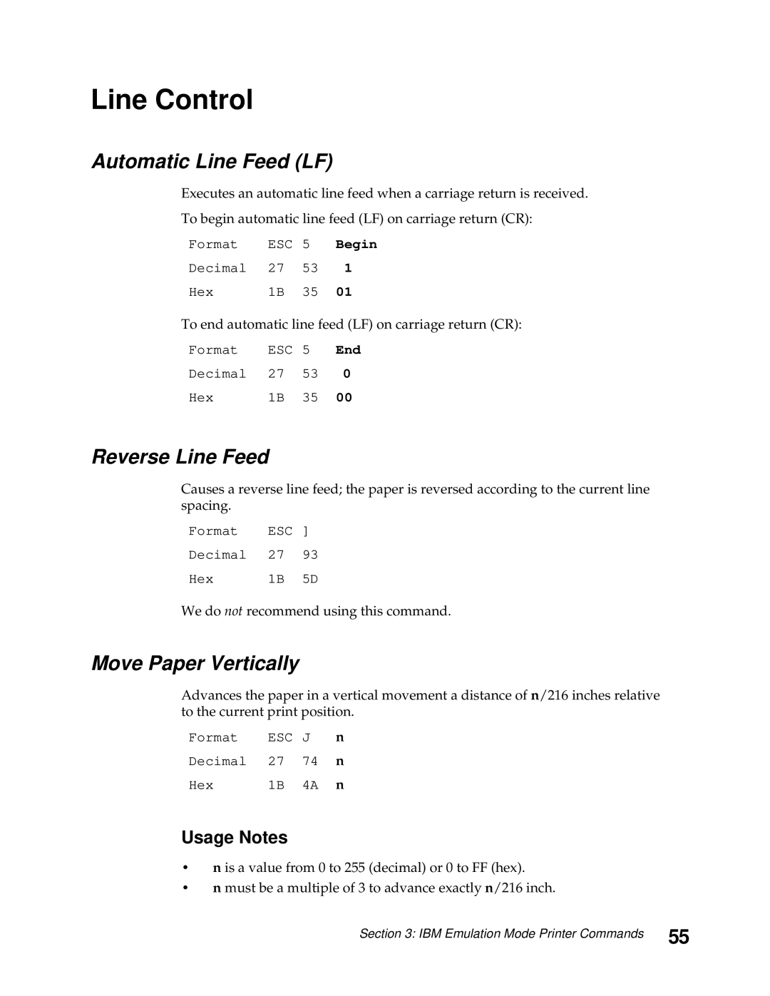 Lexmark 248X, 249X manual Line Control, Automatic Line Feed LF, Reverse Line Feed, Move Paper Vertically 