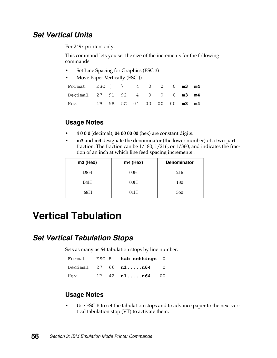 Lexmark 249X Set Vertical Units, Set Vertical Tabulation Stops, Sets as many as 64 tabulation stops by line number 