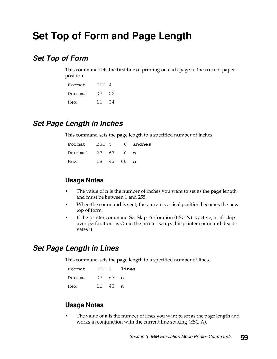 Lexmark 248X, 249X manual Set Top of Form and Page Length, Set Page Length in Inches, Set Page Length in Lines 