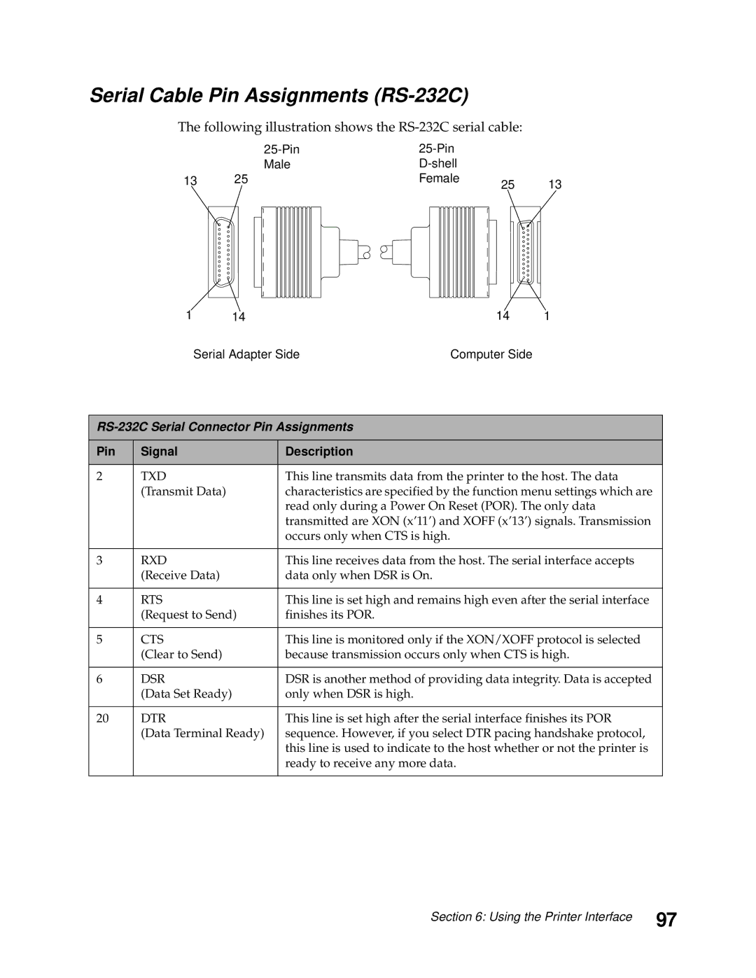 Lexmark 248X, 249X manual Serial Cable Pin Assignments RS-232C, Following illustration shows the RS-232C serial cable 