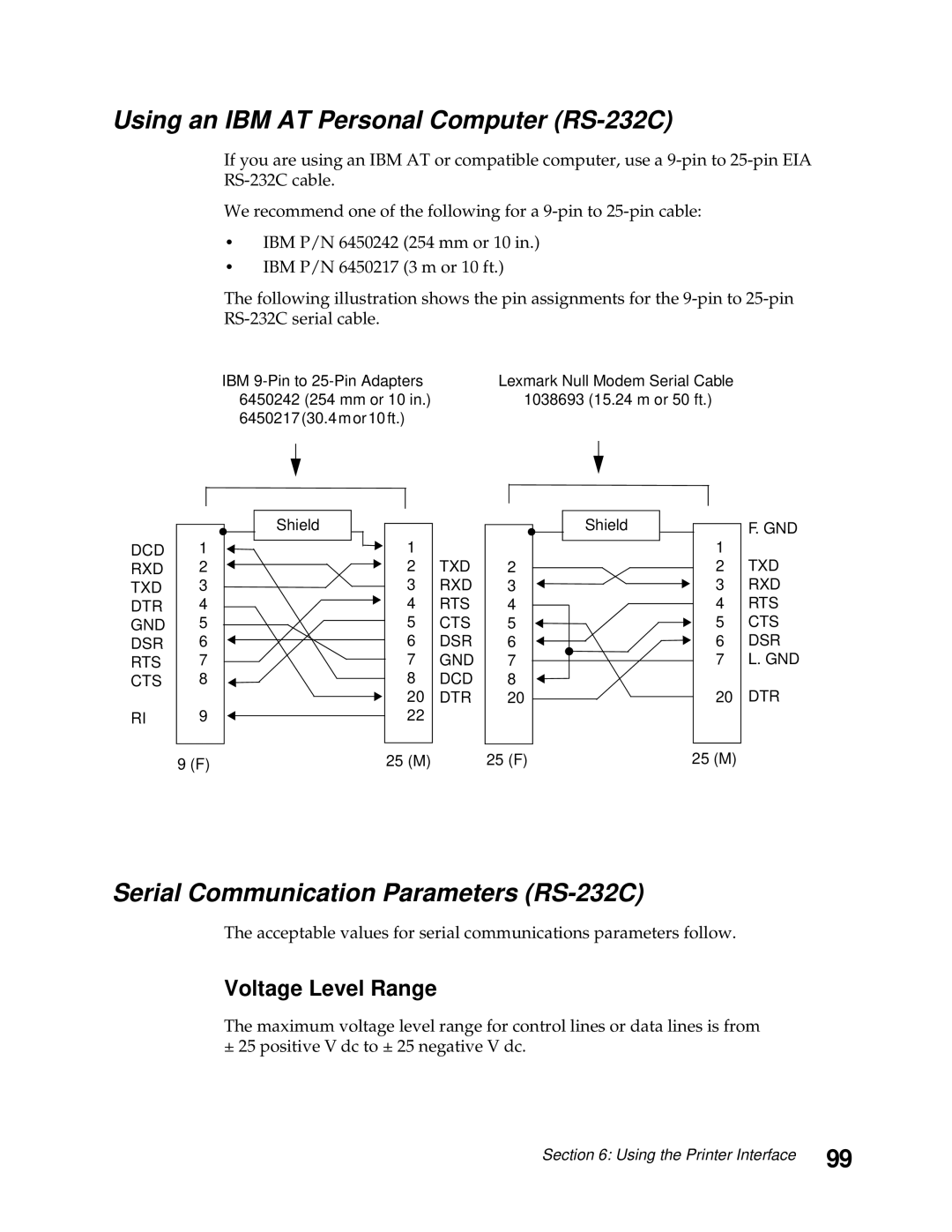 Lexmark 248X, 249X Using an IBM AT Personal Computer RS-232C, Serial Communication Parameters RS-232C, Voltage Level Range 