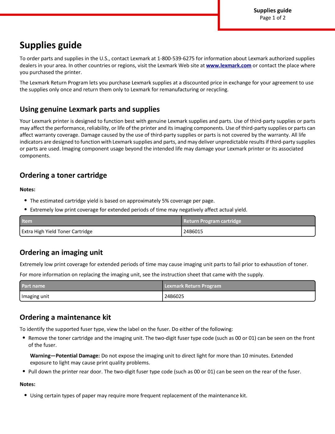 Lexmark 24B6015, 24B6025 warranty Supplies guide, Using genuine Lexmark parts and supplies, Ordering a toner cartridge 