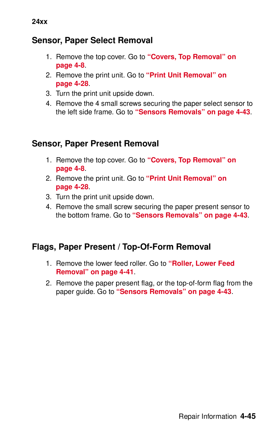 Lexmark 24XX-100 Sensor, Paper Select Removal, Sensor, Paper Present Removal, Flags, Paper Present / Top-Of-Form Removal 