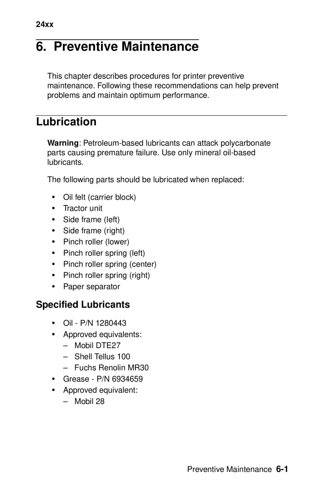 Lexmark 24XX-100 manual Lubrication, Specified Lubricants 