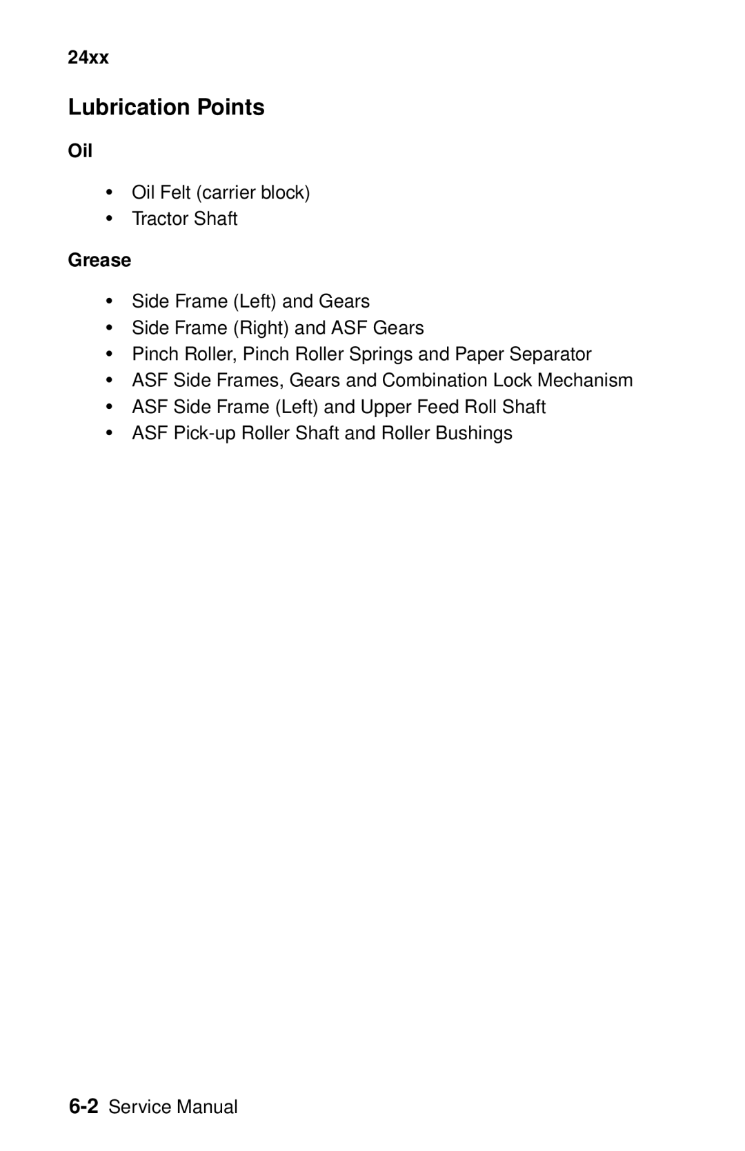 Lexmark 24XX-100 manual Lubrication Points, Oil, Grease 