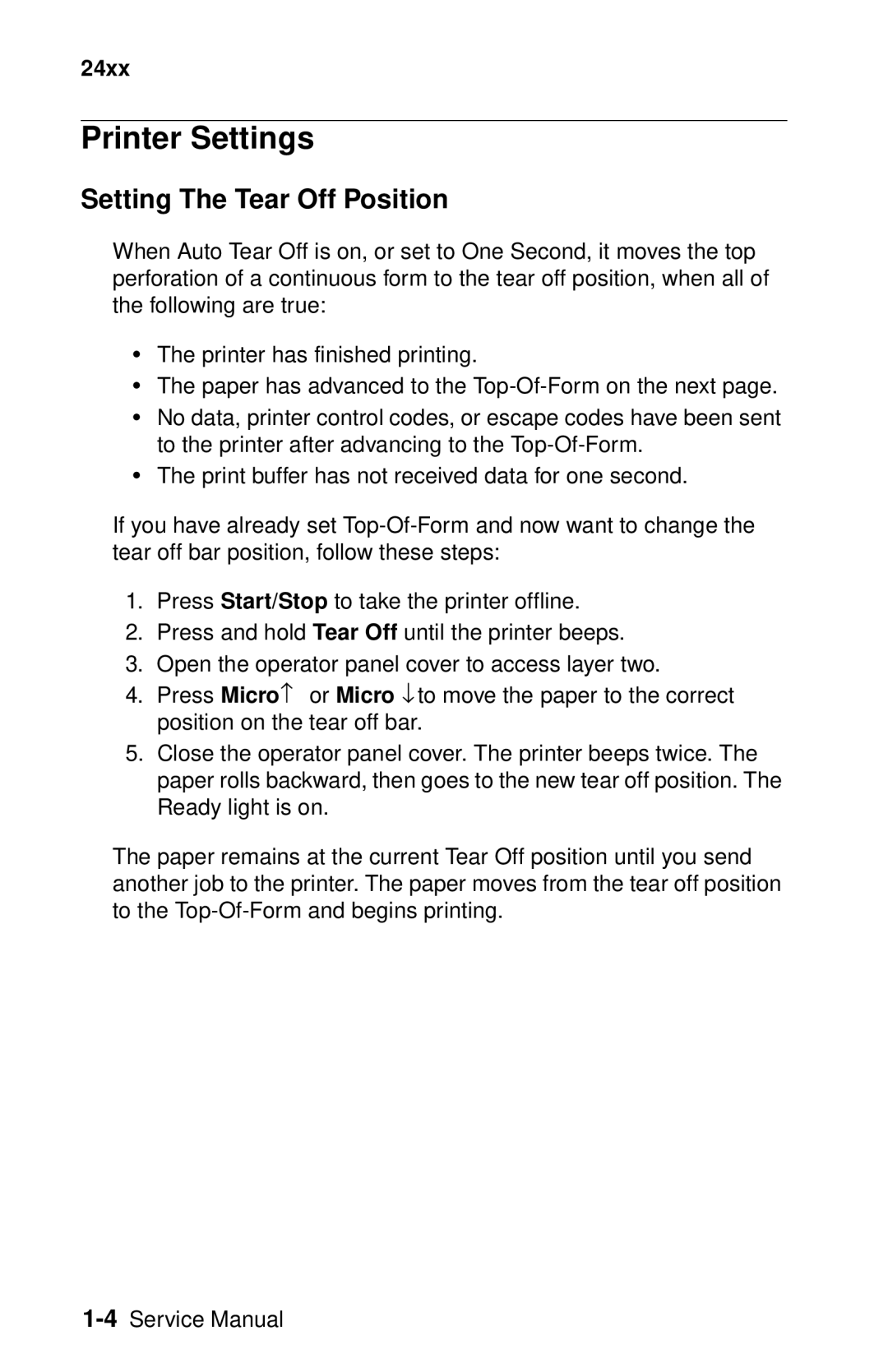 Lexmark 24XX-100 manual Printer Settings, Setting The Tear Off Position 