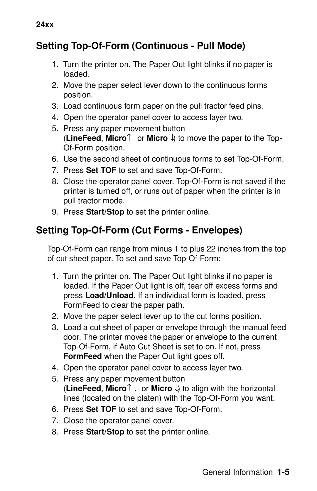 Lexmark 24XX-100 manual Setting Top-Of-Form Continuous Pull Mode, Setting Top-Of-Form Cut Forms Envelopes 