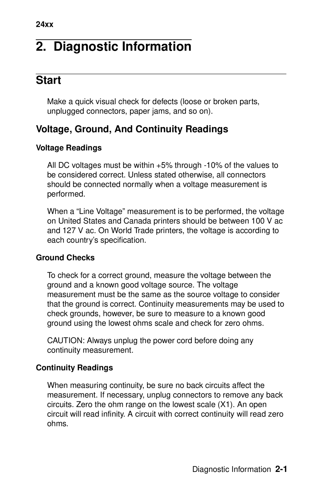 Lexmark 24XX-100 manual Start, Voltage, Ground, And Continuity Readings, Voltage Readings, Ground Checks 