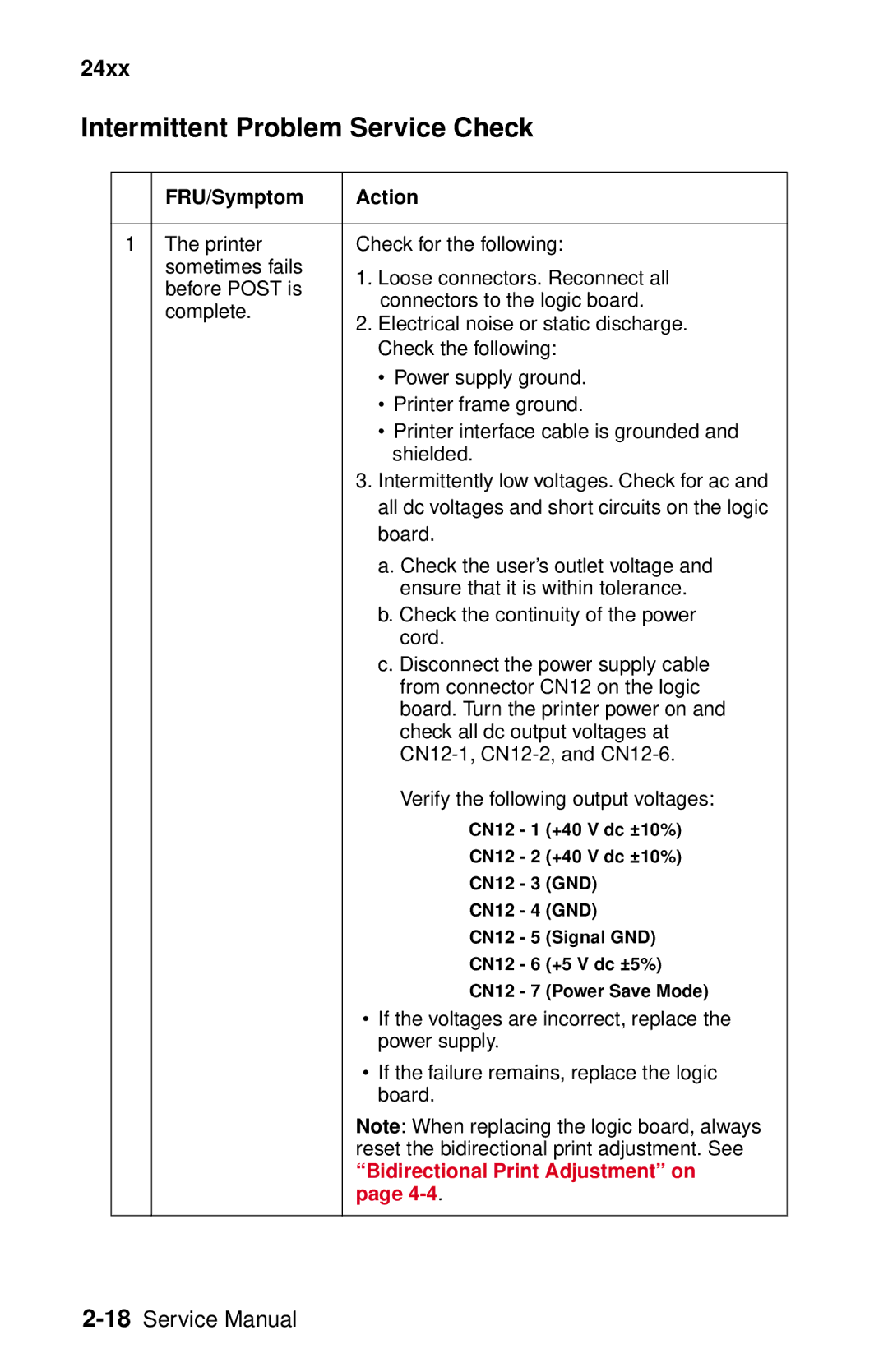 Lexmark 24XX-100 manual Intermittent Problem Service Check, FRU/Symptom Action 