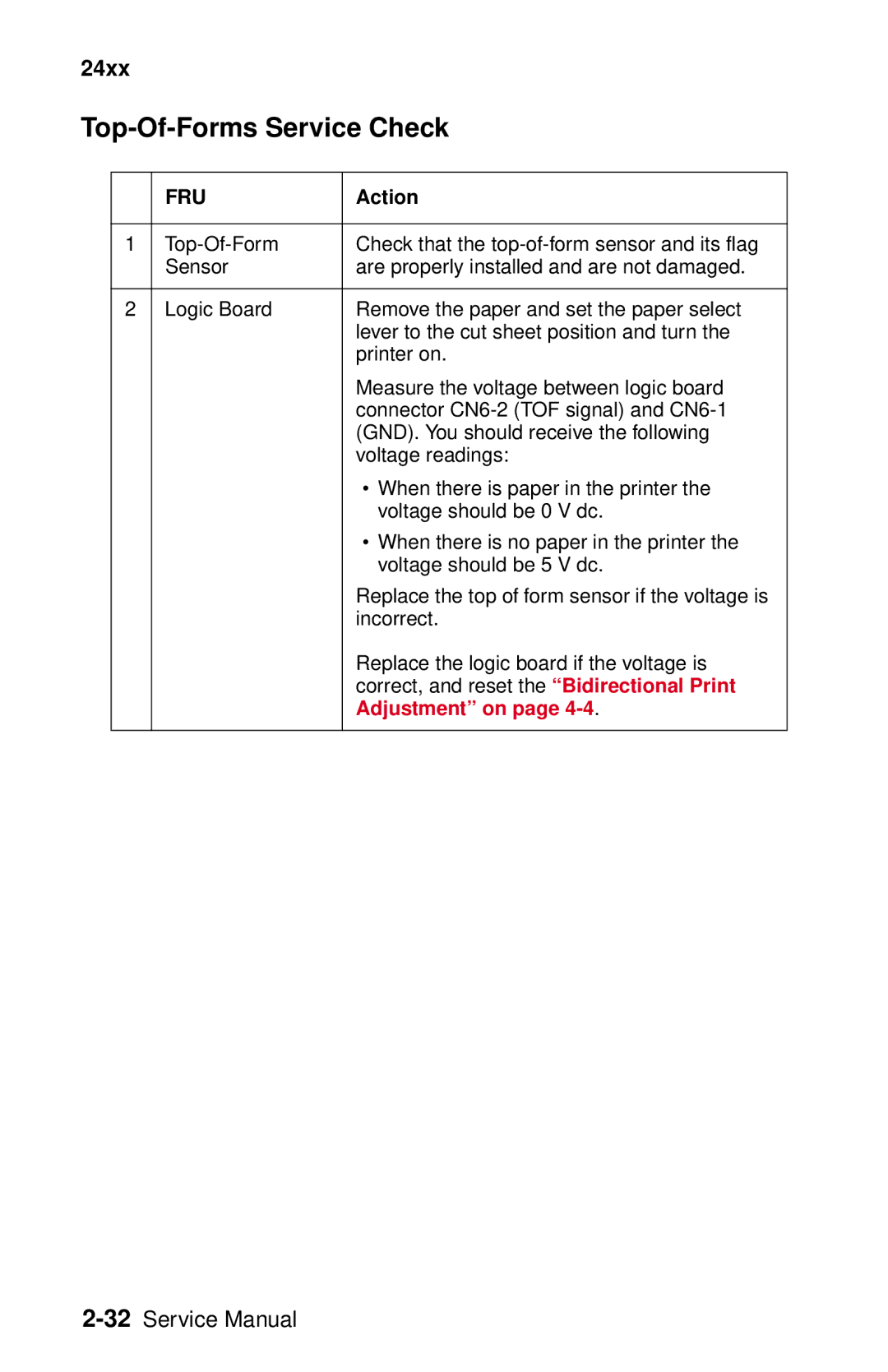 Lexmark 24XX-100 manual Top-Of-Forms Service Check 