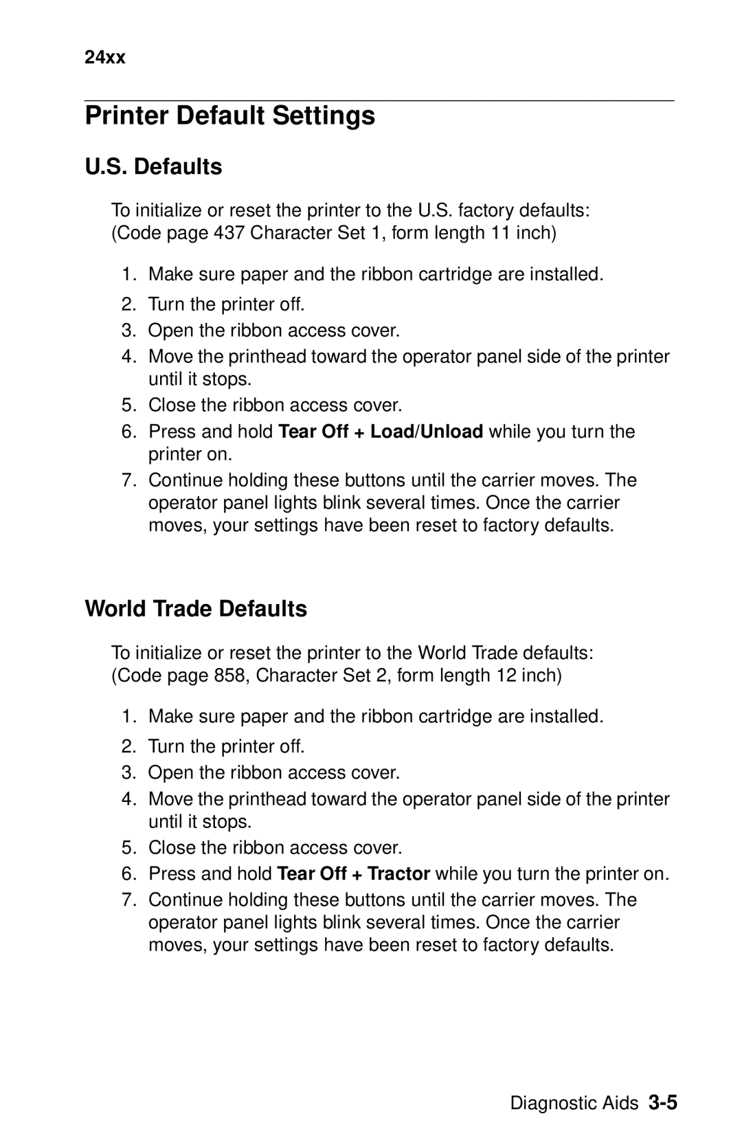 Lexmark 24XX-100 manual Printer Default Settings, World Trade Defaults 