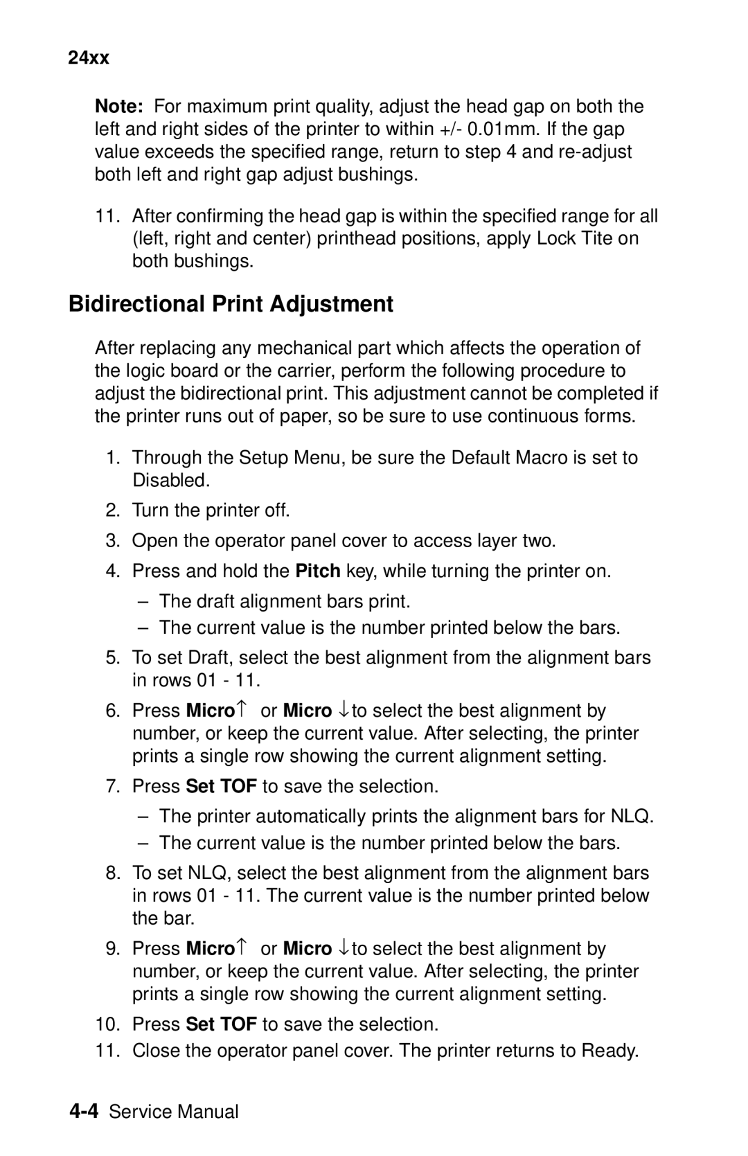 Lexmark 24XX-100 manual Bidirectional Print Adjustment 