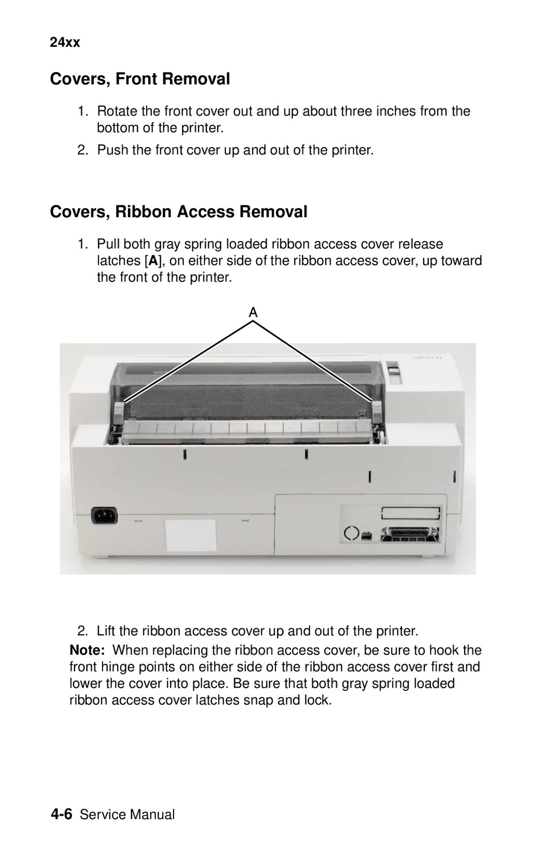 Lexmark 24XX-100 manual Covers, Front Removal, Covers, Ribbon Access Removal 