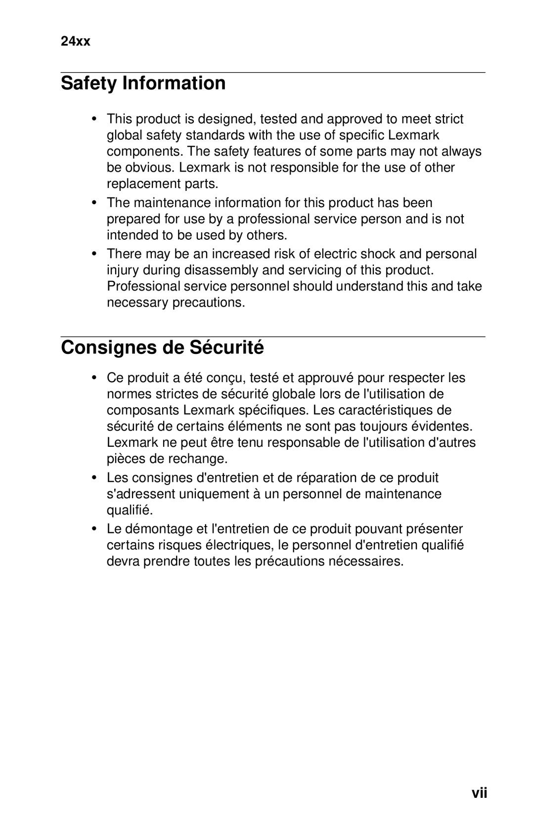 Lexmark 24XX-100 manual Safety Information, Consignes de Sécurité 