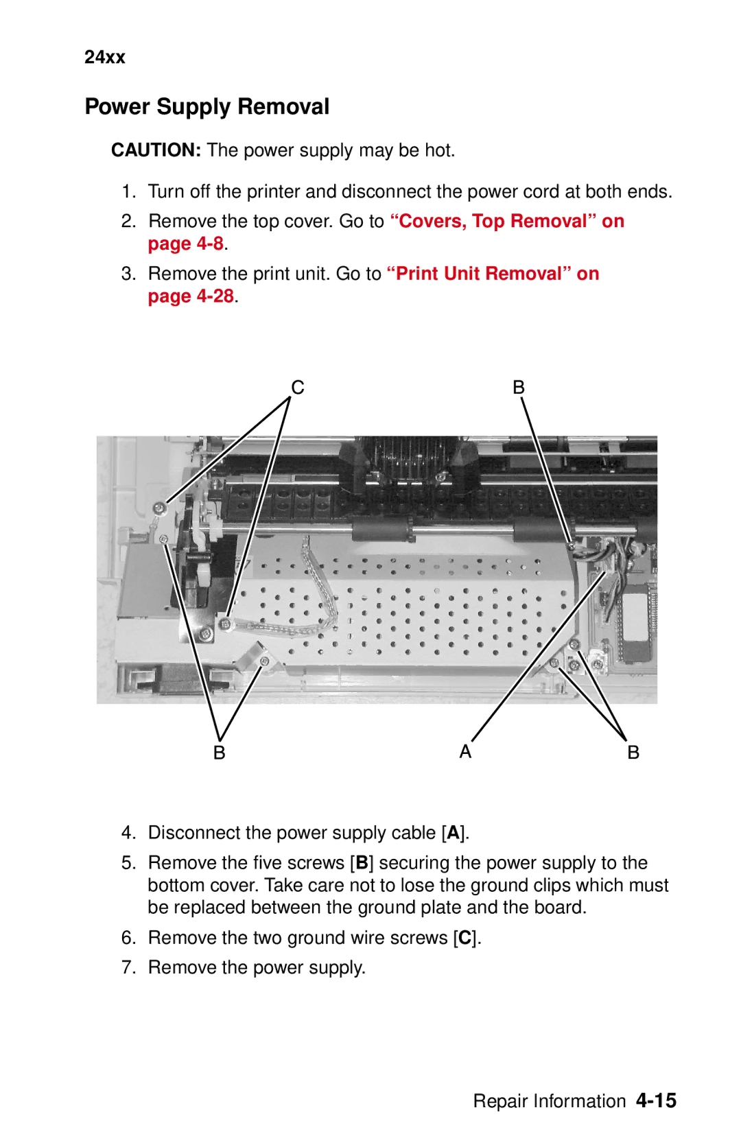 Lexmark 24XX-100 manual Power Supply Removal 