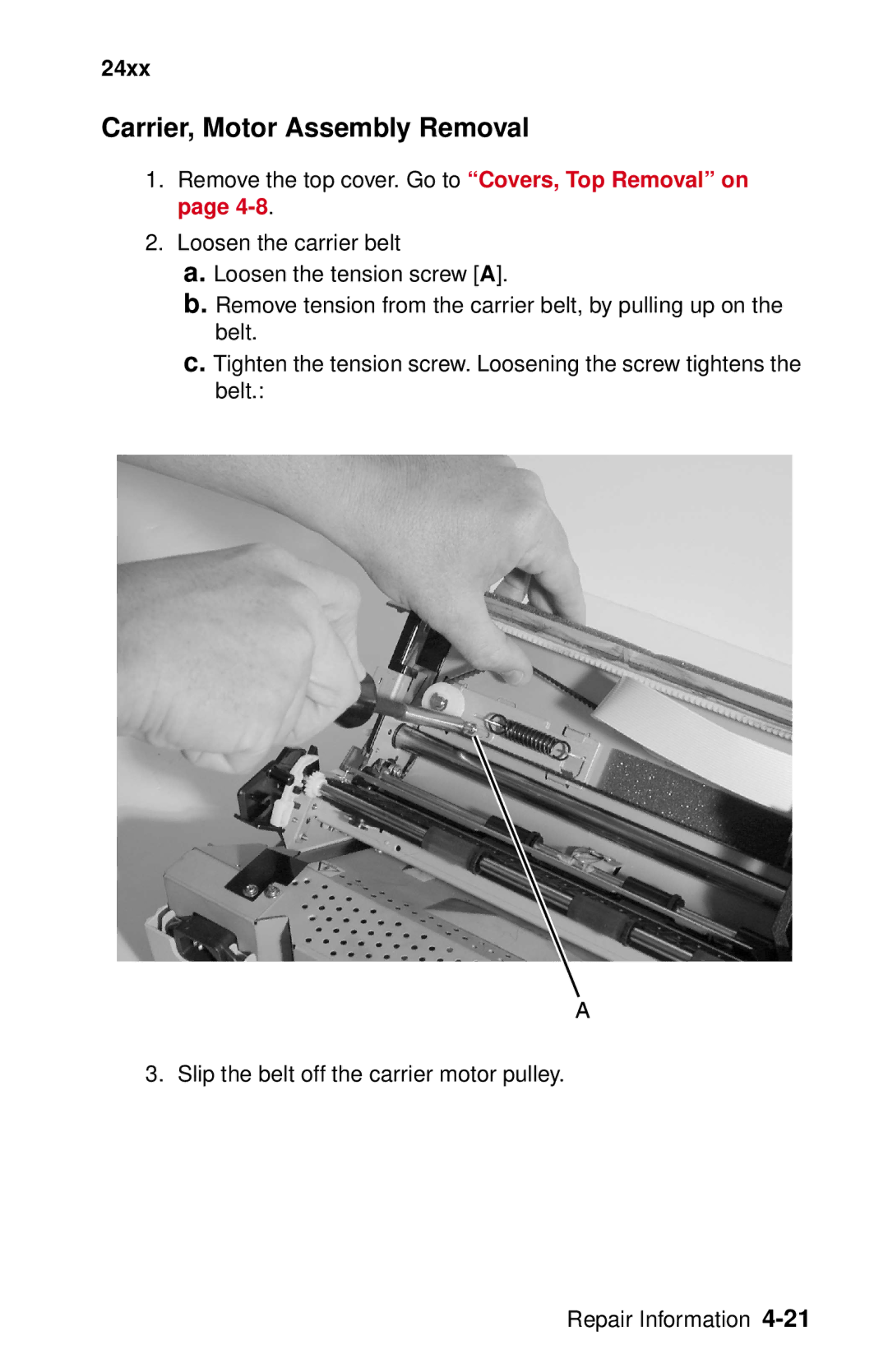 Lexmark 24XX-100 manual Carrier, Motor Assembly Removal 