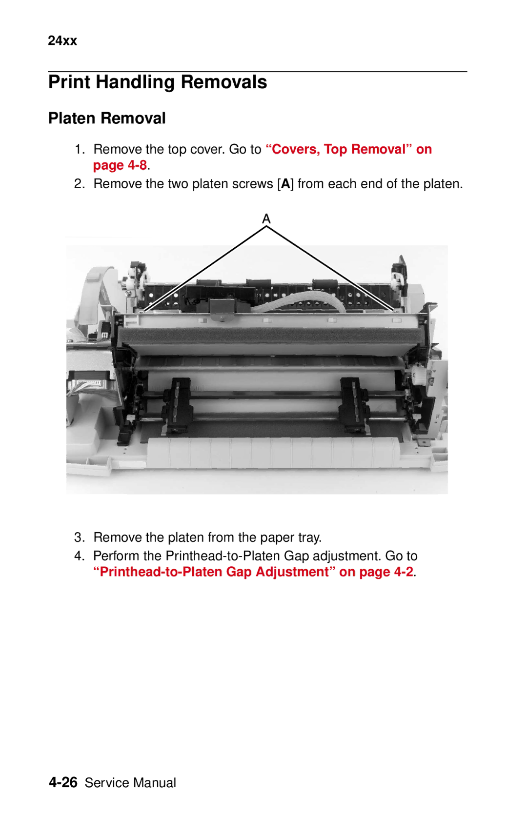 Lexmark 24XX-100 manual Print Handling Removals, Platen Removal 