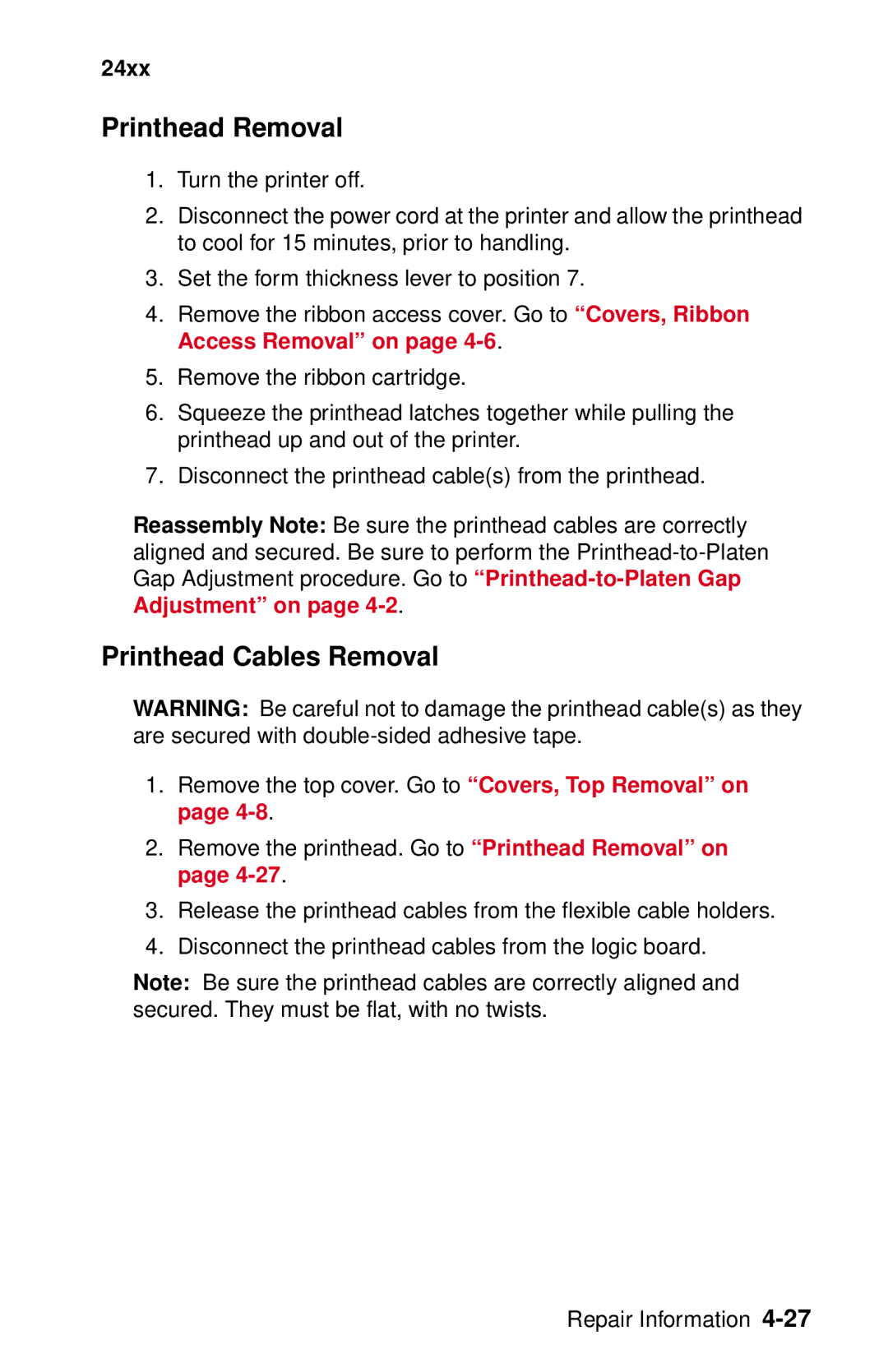 Lexmark 24XX-100 manual Printhead Removal, Printhead Cables Removal 