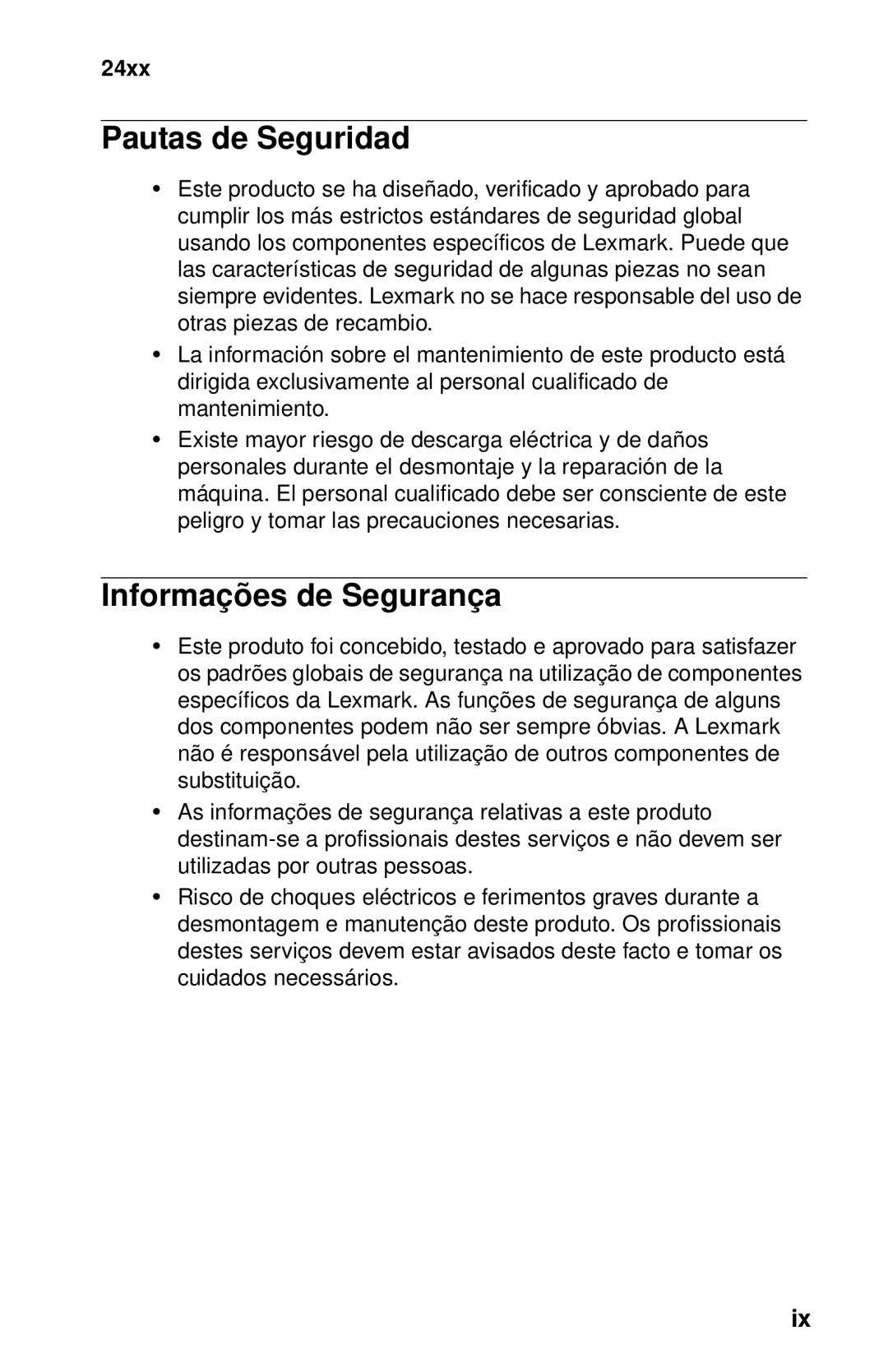 Lexmark 24XX-100 manual Pautas de Seguridad, Informações de Segurança 